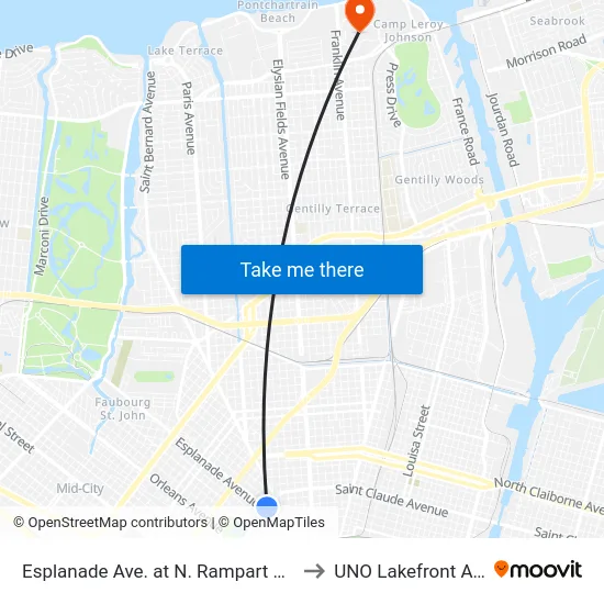 Esplanade Ave. at N. Rampart St. (Far) to UNO Lakefront Arena map