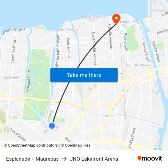 Esplanade + Maurepas to UNO Lakefront Arena map