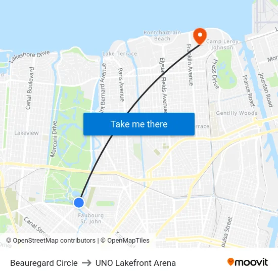 Beauregard Circle to UNO Lakefront Arena map