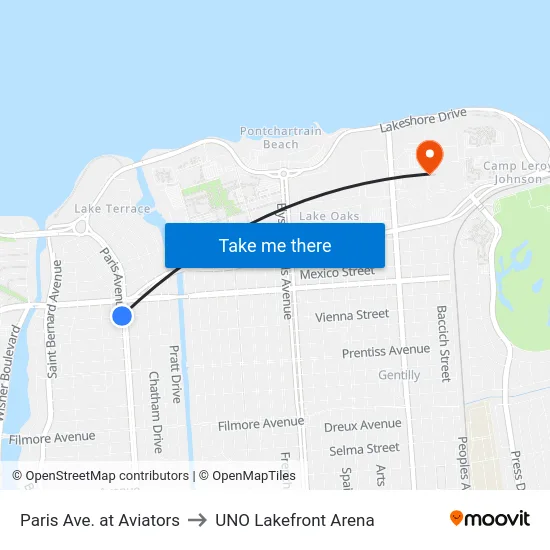 Paris Ave. at Aviators to UNO Lakefront Arena map