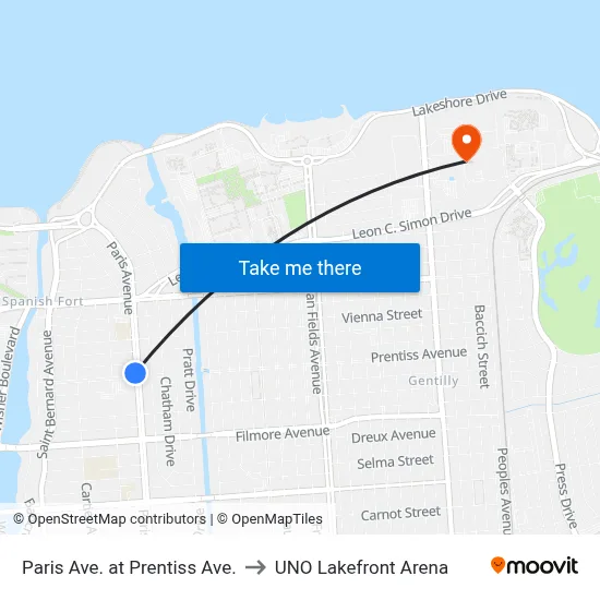 Paris Ave. at Prentiss Ave. to UNO Lakefront Arena map