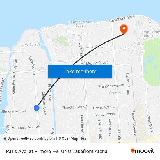 Paris Ave. at Filmore to UNO Lakefront Arena map