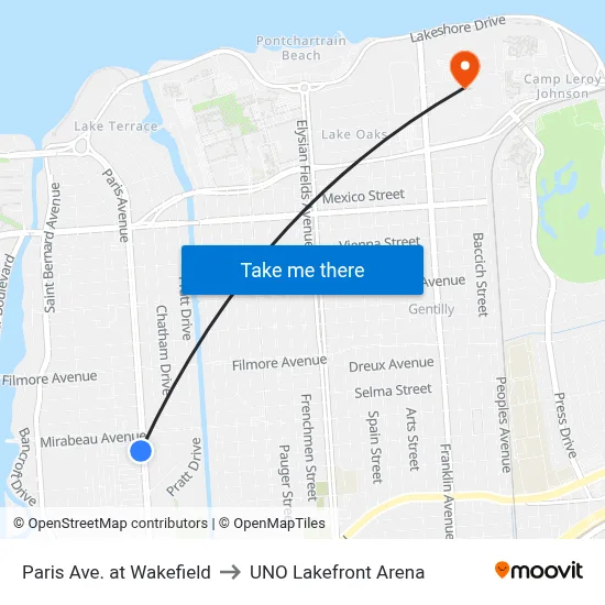 Paris Ave. at Wakefield to UNO Lakefront Arena map