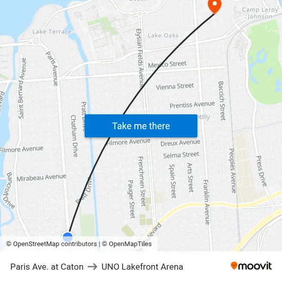Paris Ave. at Caton to UNO Lakefront Arena map