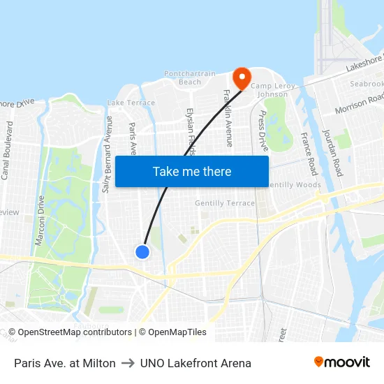 Paris Ave. at Milton to UNO Lakefront Arena map