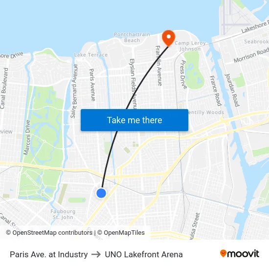 Paris Ave. at Industry to UNO Lakefront Arena map