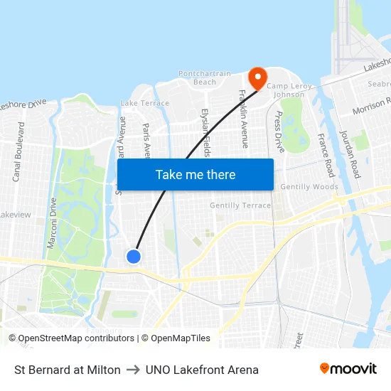 St Bernard at Milton to UNO Lakefront Arena map