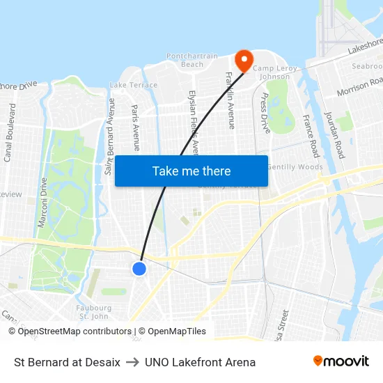 St Bernard at Desaix to UNO Lakefront Arena map