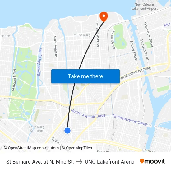 St Bernard Ave. at N. Miro St. to UNO Lakefront Arena map