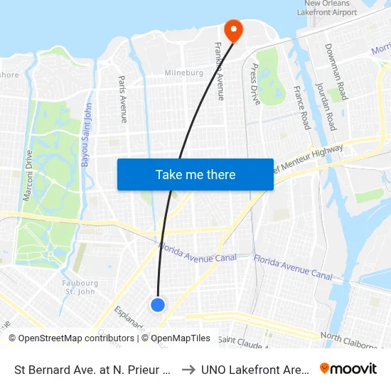 St Bernard Ave. at N. Prieur St. to UNO Lakefront Arena map