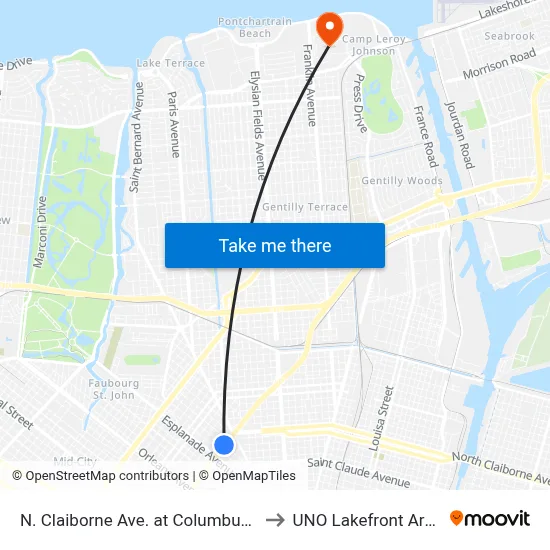 N. Claiborne Ave. at Columbus St. to UNO Lakefront Arena map