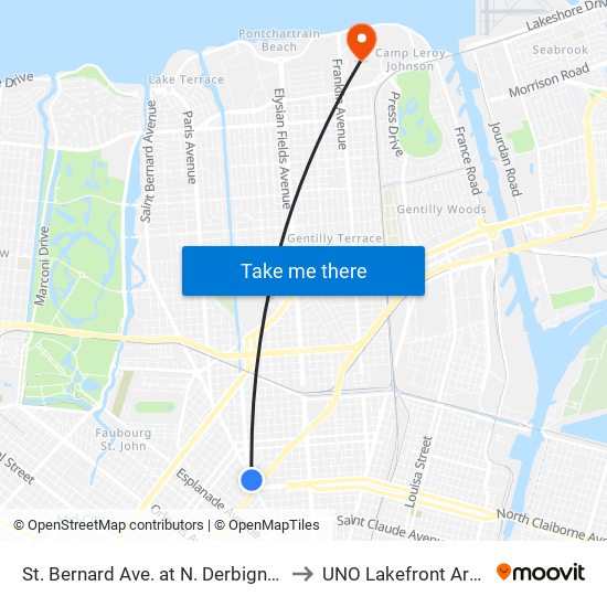 St. Bernard Ave. at N. Derbigny St. to UNO Lakefront Arena map