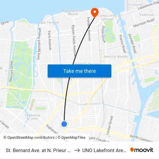 St. Bernard Ave. at N. Prieur St. to UNO Lakefront Arena map