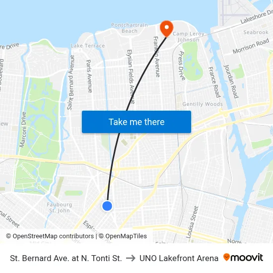 St. Bernard Ave. at N. Tonti St. to UNO Lakefront Arena map
