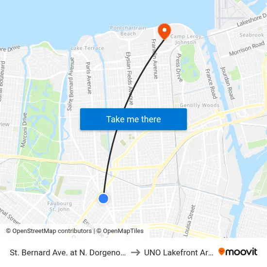 St. Bernard Ave. at N. Dorgenois St. to UNO Lakefront Arena map