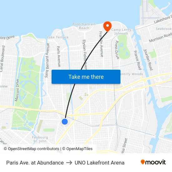 Paris Ave. at Abundance to UNO Lakefront Arena map