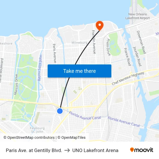 Paris Ave. at Gentilly Blvd. to UNO Lakefront Arena map