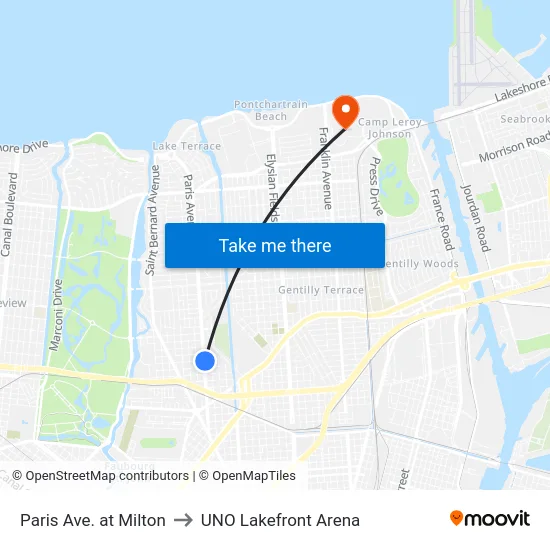 Paris Ave. at Milton to UNO Lakefront Arena map