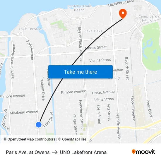 Paris Ave. at Owens to UNO Lakefront Arena map