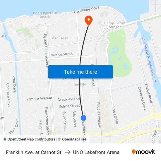 Franklin Ave. at Carnot St. to UNO Lakefront Arena map