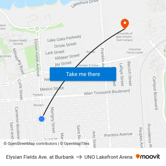 Elysian Fields Ave. at Burbank to UNO Lakefront Arena map