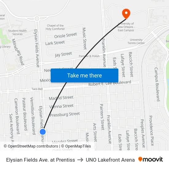 Elysian Fields Ave. at Prentiss to UNO Lakefront Arena map