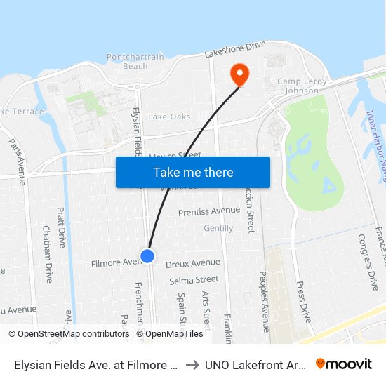 Elysian Fields Ave. at Filmore Ave. to UNO Lakefront Arena map