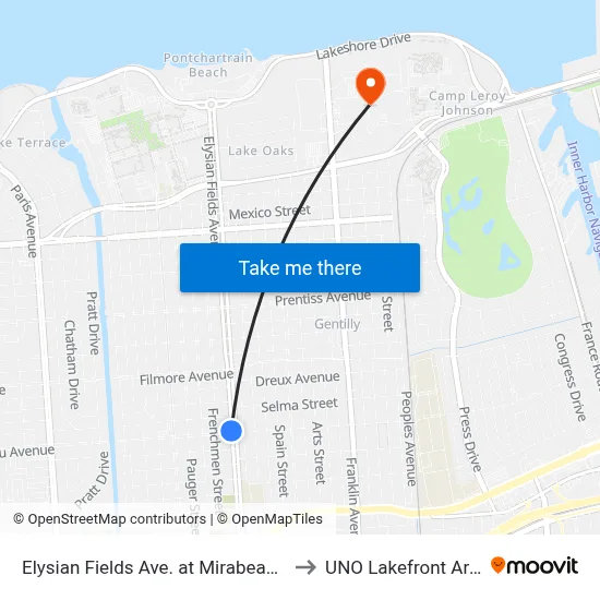 Elysian Fields Ave. at Mirabeau Ave. to UNO Lakefront Arena map