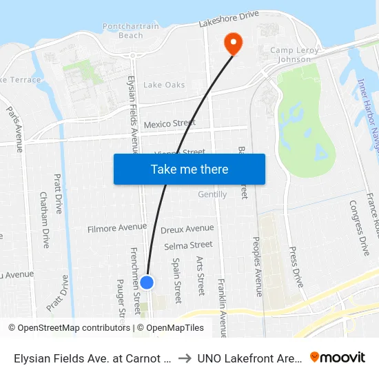 Elysian Fields Ave. at Carnot St. to UNO Lakefront Arena map