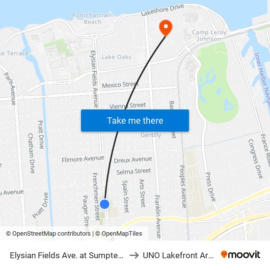 Elysian Fields Ave. at Sumpter St. to UNO Lakefront Arena map