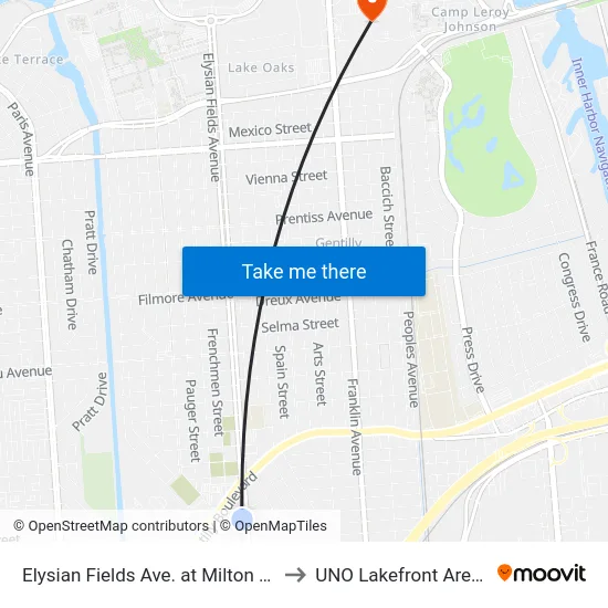 Elysian Fields Ave. at Milton St. to UNO Lakefront Arena map