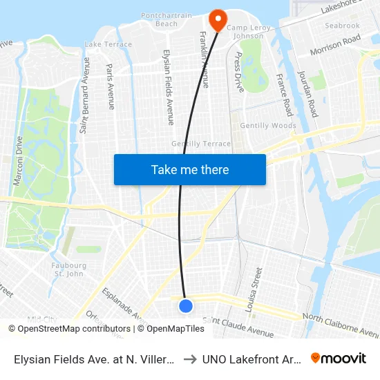 Elysian Fields Ave. at N. Villere St. to UNO Lakefront Arena map