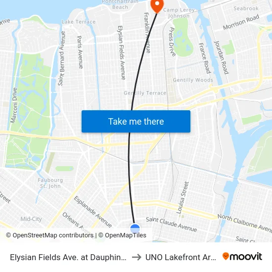 Elysian Fields Ave. at Dauphine St. to UNO Lakefront Arena map
