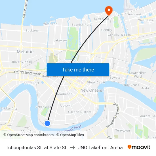 Tchoupitoulas St. at State St. to UNO Lakefront Arena map