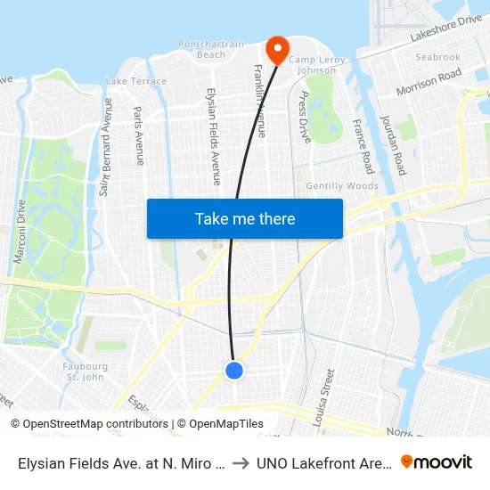 Elysian Fields Ave. at N. Miro St. to UNO Lakefront Arena map
