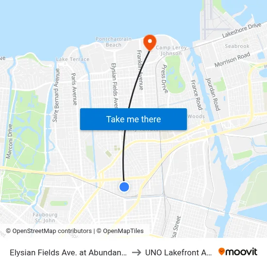 Elysian Fields Ave. at Abundance St. to UNO Lakefront Arena map