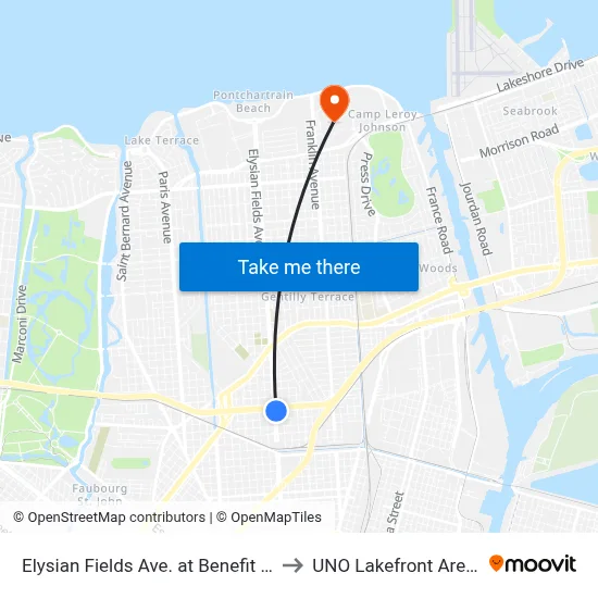 Elysian Fields Ave. at Benefit St. to UNO Lakefront Arena map
