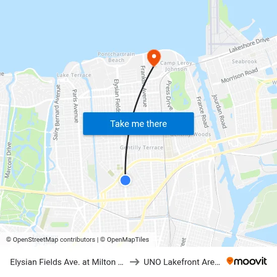 Elysian Fields Ave. at Milton St. to UNO Lakefront Arena map