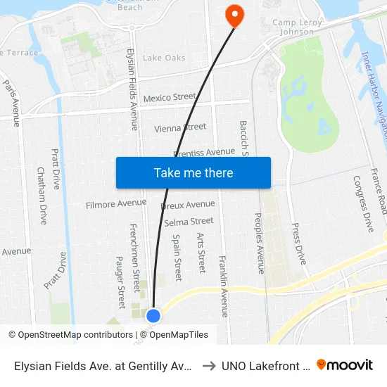 Elysian Fields Ave. at Gentilly Ave. (Farside) to UNO Lakefront Arena map