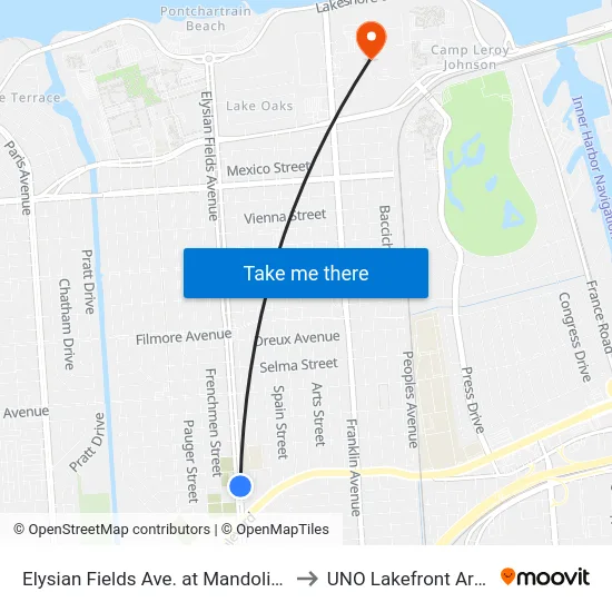 Elysian Fields Ave. at Mandolin St. to UNO Lakefront Arena map