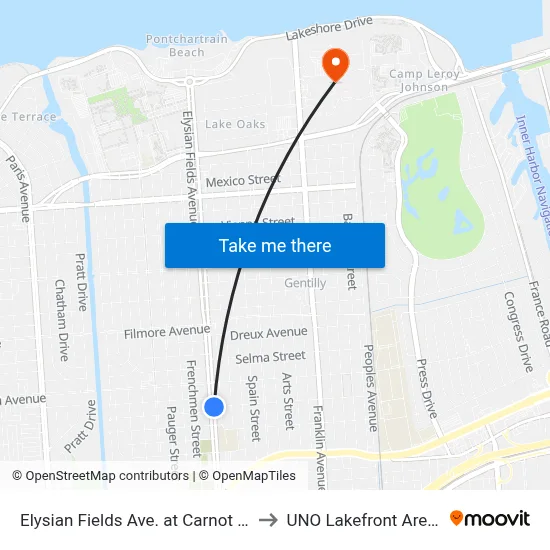 Elysian Fields Ave. at Carnot St. to UNO Lakefront Arena map