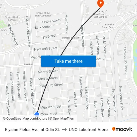 Elysian Fields Ave. at Odin St. to UNO Lakefront Arena map