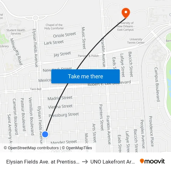 Elysian Fields Ave. at Prentiss St. to UNO Lakefront Arena map