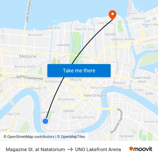 Magazine St. at Natatorium to UNO Lakefront Arena map