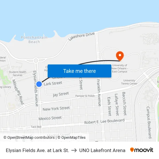 Elysian Fields Ave. at Lark St. to UNO Lakefront Arena map