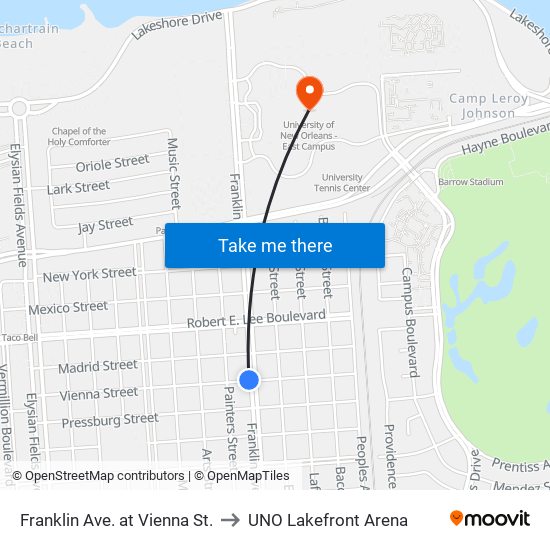 Franklin Ave. at Vienna St. to UNO Lakefront Arena map