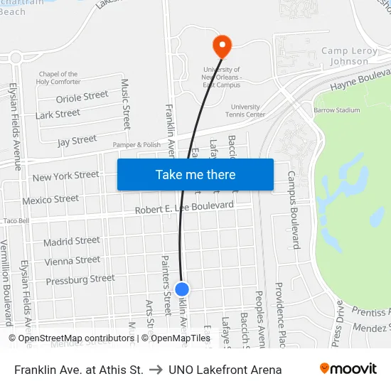 Franklin Ave. at Athis St. to UNO Lakefront Arena map