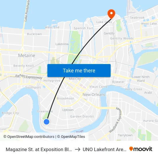 Magazine St. at Exposition Blvd. to UNO Lakefront Arena map