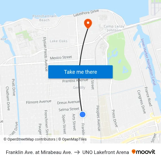 Franklin Ave. at Mirabeau Ave. to UNO Lakefront Arena map