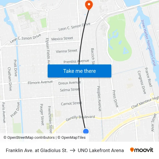 Franklin Ave. at Gladiolus St. to UNO Lakefront Arena map